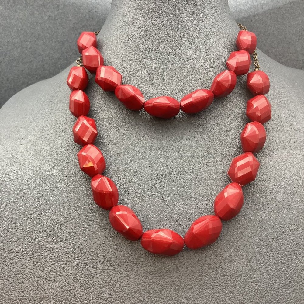 Red Chunky Bead Necklace Double 16 In Vintage Retro Rockabilly Classic Statement
